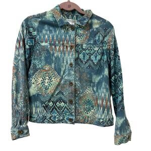 Coldwater Creek Women Medium Petite Blue Abstract Button Down Jacket Art to Wear